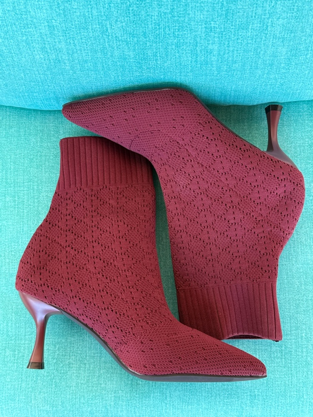 Knit Pointed-Toe Ankle Boots in Burgundy